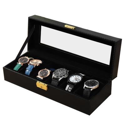 China Handmade Black Off-the-Shelf Watch Display Box Watch Slot Carbon Fiber 6 PU Leather Storage Case for sale