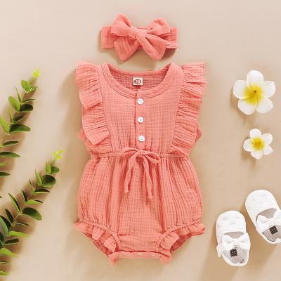 China Breathable Breathable Sleeveless Overalls Ruffle Plus Headband Baby Cotton Overalls Newborn Clothing Set for sale