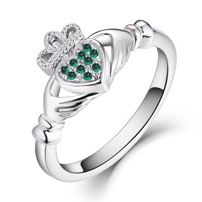 China FASHIONABLE Heart Claddagh Zircon Green 925 Sterling Silver Dark Blue CZ Promise Rings Birthstone Crown Rings For Women for sale