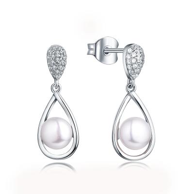 China Anti Tarnish Luxury Freshwater Eardrop 925 Sterling Silver Rhodium Plated Drop Water Shape Pearl Stud Earrings for sale