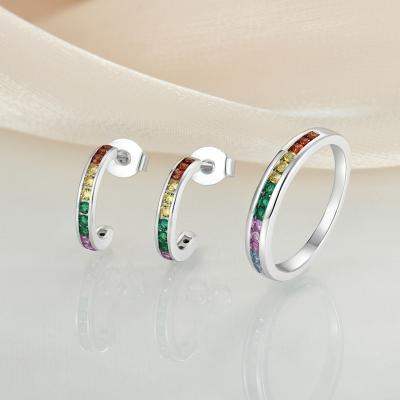 China Romantic Fashion Wedding Multicolor Colorful Stone Jewelry Sets For Brides Silver CZ Rings Earrings Set For Women for sale