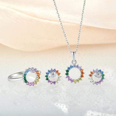 China Good Anti Tarnish Jewelry Women Circle Shape Stone Colorful Multicolor Stud Earrings Pendant Necklace Earring Jewelry Set for sale