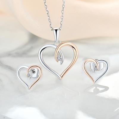 China Anti Tarnish 925 Sterling Silver Pendant Necklace Earring Love Heart Shape Two Tone Jewelry Sets For Women Girl Valentine Gift for sale