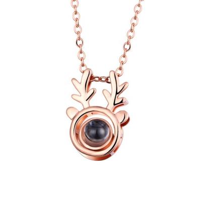 China I Love You In 100 Languages ​​Necklace Fashion Rose Gold Platinum Deer Horns Pendant 100 Languages ​​Say I Love You Necklace for sale