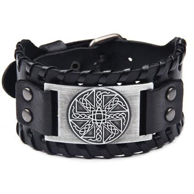 China Vintage Custom Vintage Viking Style Symbol Embossed Mens Genuine Leather Bracelet with metal buckle adjustable for sale