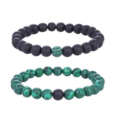 China Stretchy Mens Womens Pumice Stones and Black Malachite Stones Beaded Bracelets Set, Bohemian Beaded Bracelet for sale