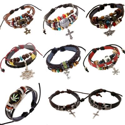 China Newmulti-layer Adjustable Size Leather Bracelet Color Men's Punk Retro Bracelet for sale