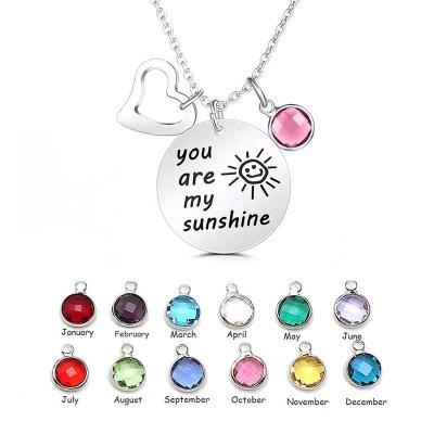 China Custom Engraved Words Letters Necklace Women Men You Are My Sunshine Words Engraved Stainless Steel Pendant Necklace With Gemstone Crystal Charm for sale