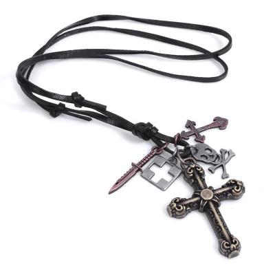 China ALLOY Mens Womens Vintage Rope Leather Alloy Cross Necklace Pendant, Christian Cross Pendant Necklace for sale