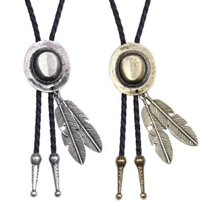 China Vintage Western Cowboy Women Men Leather Tie Up Alloy Hat Feather Pendant Necklace for sale