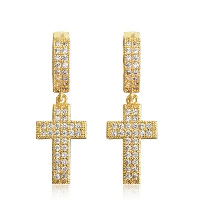 China Hiphop Factory Supply Loot Bling Bling Direct Jewelry Iced Out Fashionable Cross Zircon Drop Earrings for sale