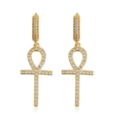 China Custom Unique Hiphop Jewelry Hiphop Style Iced Out Bling Bling Zircon Ankh Cross Drop Earrings for sale