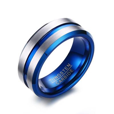 China Wholesale Fashion Jewelry Mens Hiphop Dope Blue Stripes Tungsten Carbide Ring High Quality 8mm for sale