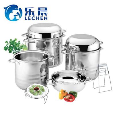 China Sustainable 410Stainless Steel Universal Double Bottom Cooking Pot Set For Cook Cooking Pot With 3pcs Steel Lid for sale