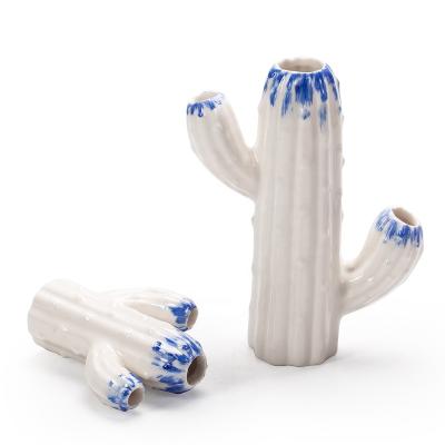 China GuYao 2022 New Design Cactus Blue And White Vases Nordic Minimalist Shaped Vase For Home Decor Ceramic Vase for sale