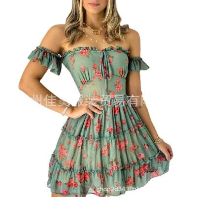 China New Viable Stain Wholesale E-commerce Women's Off The Shoulder Mesh Print Green Floral Dress for sale