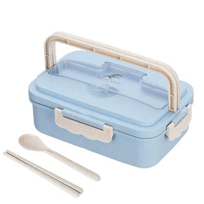 China Wholesale Kids Straw Lunch Box Leakproof Sealed Freshness Storage Wheat 3 Compartment Bento Lunch Case With Cutlery for sale