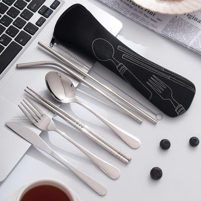 China Sustainable Reusable Metal Straw Portable Travel Cutlery Stainless Steel Flatware Office Utensil Set With Case for sale