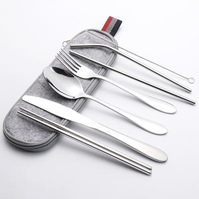 China Durable Stainless Steel Knife Fork And Spoon Set Outdoor Picnic Zipper Bag Chopsticks Straw 8 Pcs Set Portable Tableware for sale