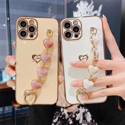 China Back Cover Heart Strap Electroplating Cell Phone Shockproof Plated Bumper Case For iPhone 13 pro 12 mini 11 Max XS XR for sale