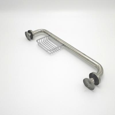 China Modern shower bathroom accessories stainless steel grab bar with soap basket it is fixed on the wall near the bath tube for sale