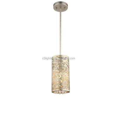 China Retro Gold Color Living Room Simple Mini Laser Cut Pendant Light With Attic Crystal Rod Vintage K9 Pendant Lamp for sale