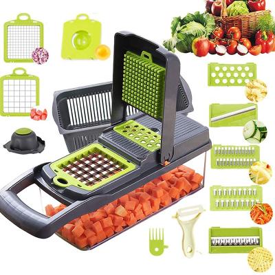 China Viable Household Mandoline Slicer Multifunctional Adjustable Shredder 12 in 1 Vegetable Cutter with Drain Basket for sale