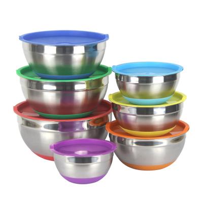 China Viable Wholesale Non-slip Colorful Kitchen Silicone Stainless Steel Mixing Salad Bowl Set With Airtight Lids for sale