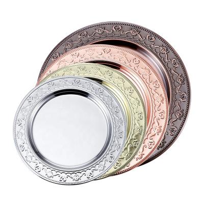 China Viable Wholesale Cheap Mirror Dinner Rose Gold Rim Stainless Steel Round Charger Plates For Wedding Decorative for sale