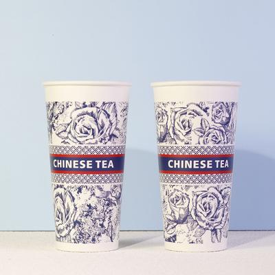 China Disposable Flower Blue 20oz 700ml Disposable Paper Cup Small MOQ Single Wall Custom Print Take Away Ice Tea Coffee Hot Cold Drink with Lid for sale