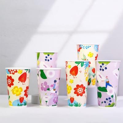 China Disposable Flower 20oz 700ml Disposable Paper Cup Small MOQ Single Wall Custom Print Take Away Ice Boba Tea Coffee Hot Cold Drink with Lid for sale