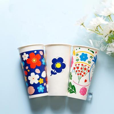 China Disposable Flower 20oz 700ml Disposable Paper Cup Small MOQ Single Wall Custom Print Take Away Ice Tea Coffee Hot Cold Drink with Lid for sale