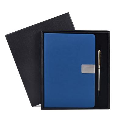 China Luxury Hardcover Office Stationery Metal Clip Lined A5 Page PU Leather Diary Notebook Gift Set With Pen for sale