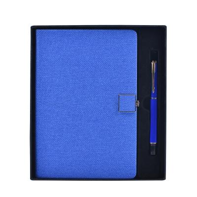 China Hot Sale Office Stationery Gift Metal Clip Luxury A5 Lined Printed Blue Leather Notebook and Pen Set for sale