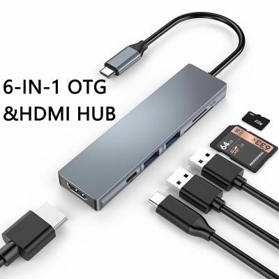 China Charging+Data Transfer+SD/TF Card Reader 6 in 1 Multifuncional Usb C Hub to Port HDTV 6 Usb Hub for Macbook Pro Laptops Powered Usb 3.0 Hub for sale