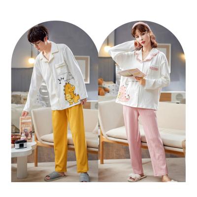 China Cotton Fabric QUICK DRY Comfortable Lap Down Collar Couples Long Set Wear Women Sleeping Cartoon Characters Sleepwear for sale