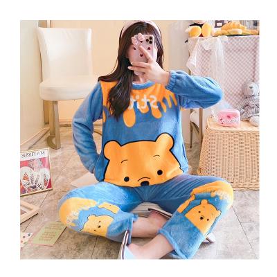 China QUICK DRY Thermal Coral Printing Fleece Fabric Cartoon Long 2 Piece Nightgowns Pajamas Sets Winter Clothes Winter Pajamas for sale