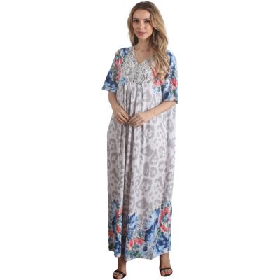 China Printing Popular Turkish Kaftan Dubai Arab Short Sleeve Ladies Abayas With Beading Long Women Summer Casual Dress for sale