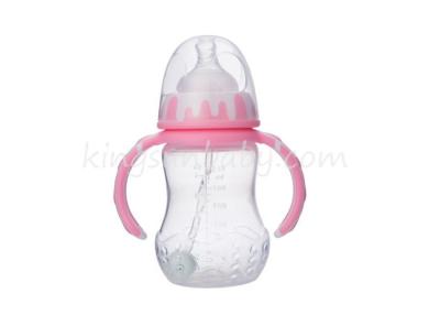 China Arc Shape Plastic Infant Nursing Feeding Bottle For Newborn with Double Colors Handle 7oz Wide Neck for sale