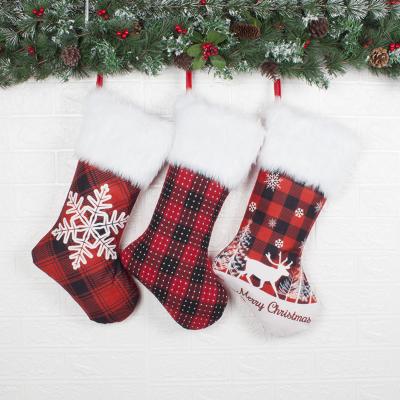 China Wholesale Most Popular Christmas Stocking Santa Socks Decorative Christmas Decorations in Black Pattern Black and Red Checked Plaid Christmas Stocking for sale