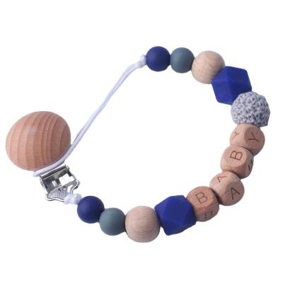 China Non-Toxic Synthetic Wooden Baby Letter Teether Silicone Beads Clip Bracelet For Baby Beech Silicone Pacifier Chain for sale