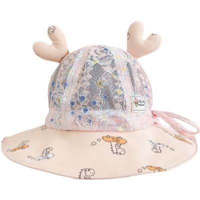 China RTS Casual Wholesale Cute Elk Antlers Lace Up Sun Hat UV Protection Bucket Kids Summer Baby Sun Hat Wide Brim Hat for sale