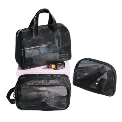 China Black Transparent Mesh Makeup Bag Set Vintage Women Bag New Wash Pouch Storage Three-Piece Travel Large Capacity Cosmetic Bag for sale