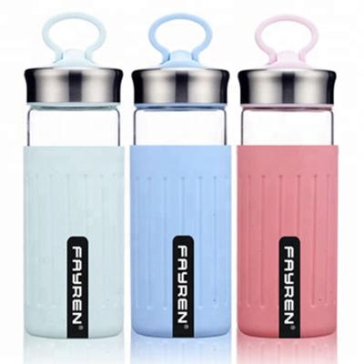 China Viable Hot Selling Kids Travel Sport Travel Borosilicate Silicone Clear Sleeve Glass Portable Bottle For Water for sale