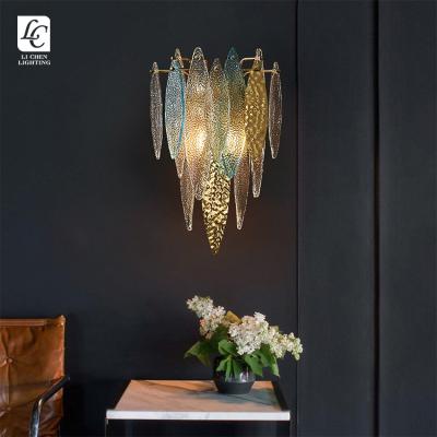 China Modern Luxury Design Decoration Hotel Hall Villa Corridor Gold Iron Indoor Glass LED Wall Lamp for sale