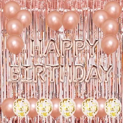 China New Year Rose Gold Confetti Balloons Happy Birthday letter foil balloon decoration set with foil curtain for birthday party supply for sale