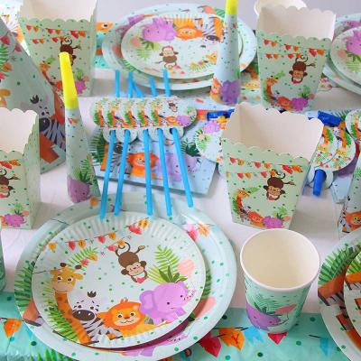 China New Year Forest Jungle Zoo Birthday Party Tableware Set Tablecloth Paper Soup Plate Banner Napkin Party Supplies for sale