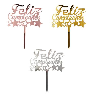 China Spanish Cake Topper Custom Acrylic Cake Topper Feliz Cumpleanos New Year Happy Birthday Cake Topper for sale