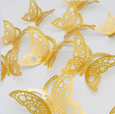 China New Year 12 Pcs 3D Butterfly Wall Stickers Home Wall Metal Butterfly Hollow Gold Decoration 12 pcs for sale