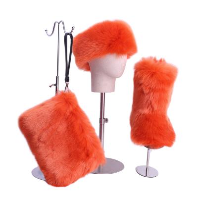 China Anti-odor factory wholesale women faux fox fur fluffy snow boots matching fur purse and headband set for sale